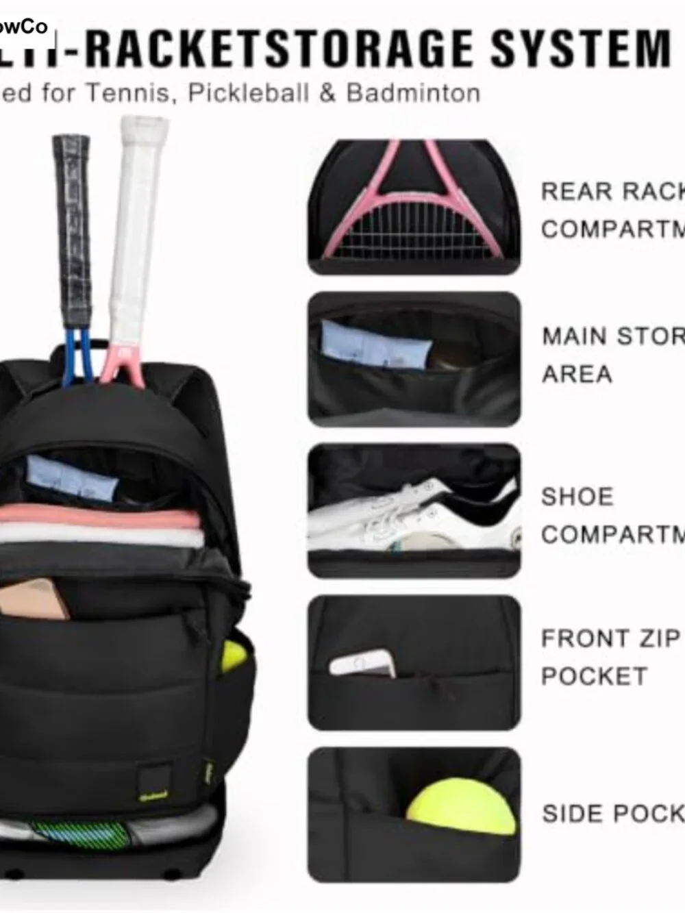 Tennis Backpack with Shoe Compartment Holds 2 Rackets